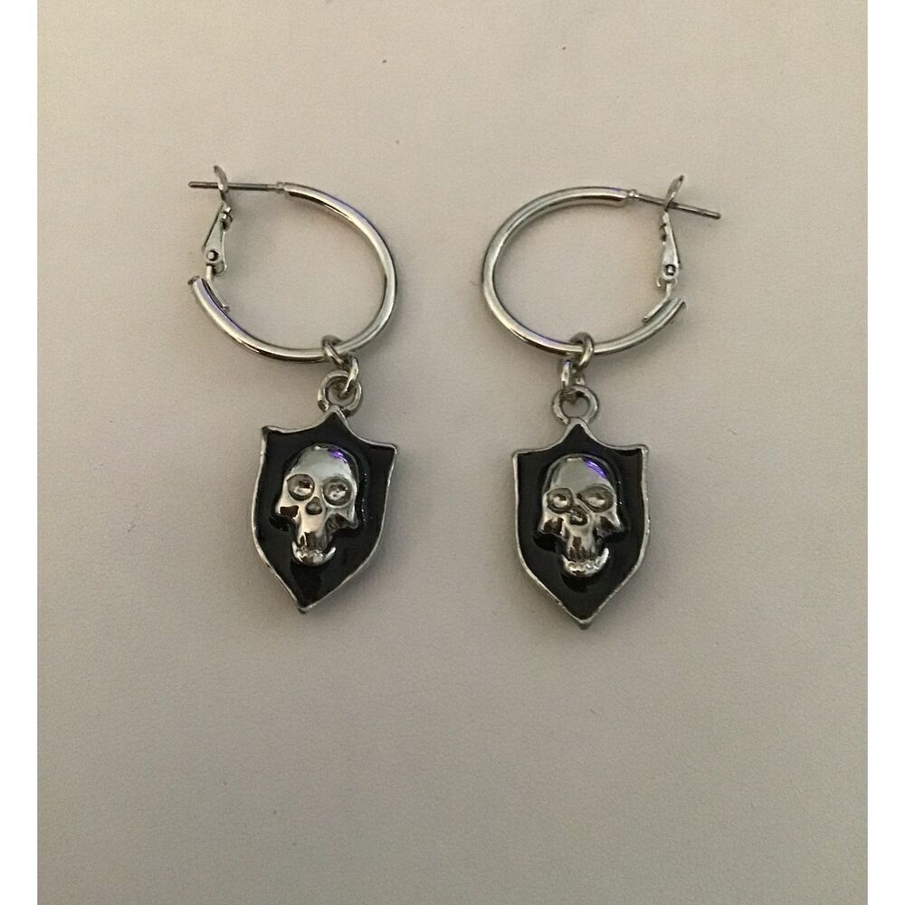 Trendy Silver Skull & Shield Charms Hoop Earrings